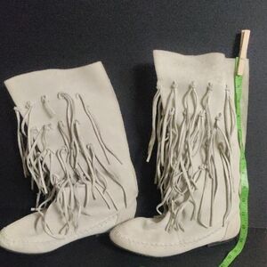 Fringe Knee-High Boots in Cream